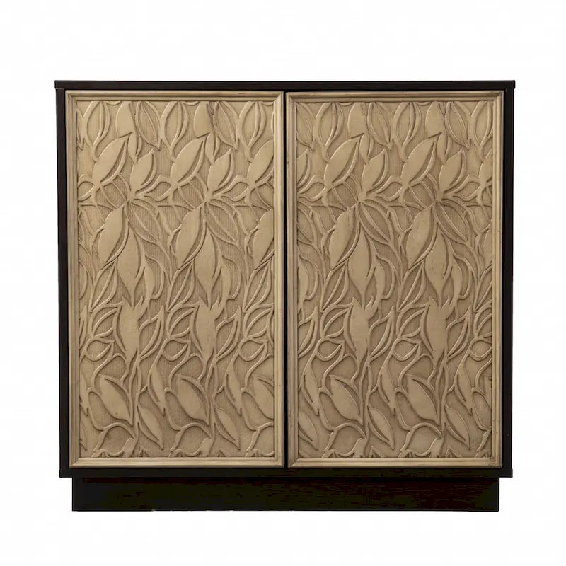 Double-Door Carved Floral Leaf Sideboard Cabinet — Dark Brown & Natural Two-Tone