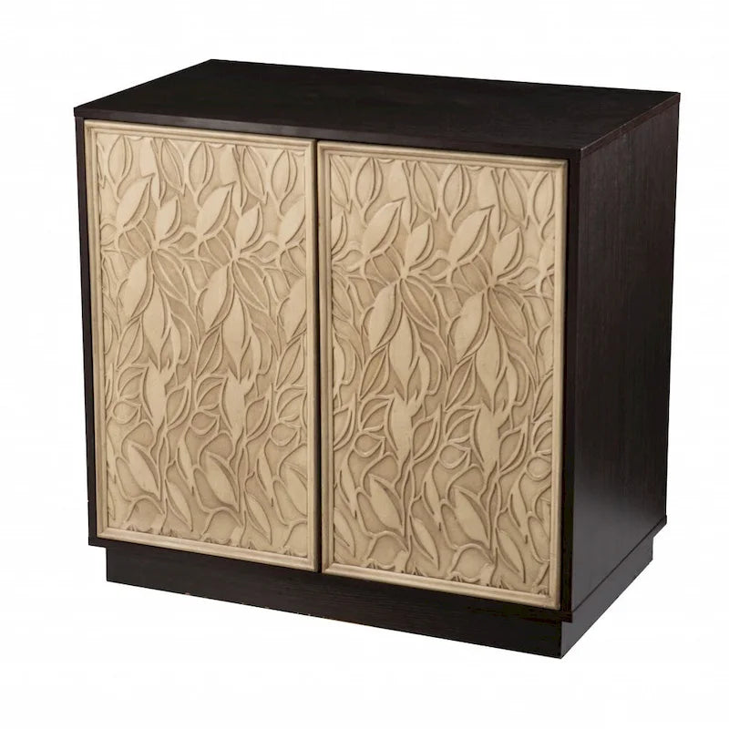Double-Door Carved Floral Leaf Sideboard Cabinet — Dark Brown & Natural Two-Tone