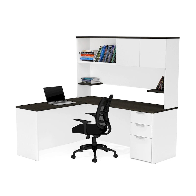 L-Shaped Office Desk with Hutch & Filing Pedestal — Modern Home Office Workstation