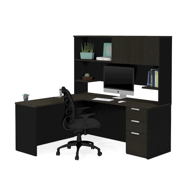 L-Shaped Office Desk with Hutch & Filing Pedestal — Modern Home Office Workstation