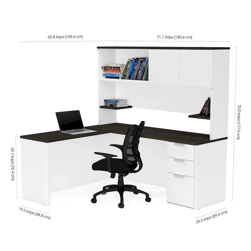 L-Shaped Office Desk with Hutch & Filing Pedestal — Modern Home Office Workstation