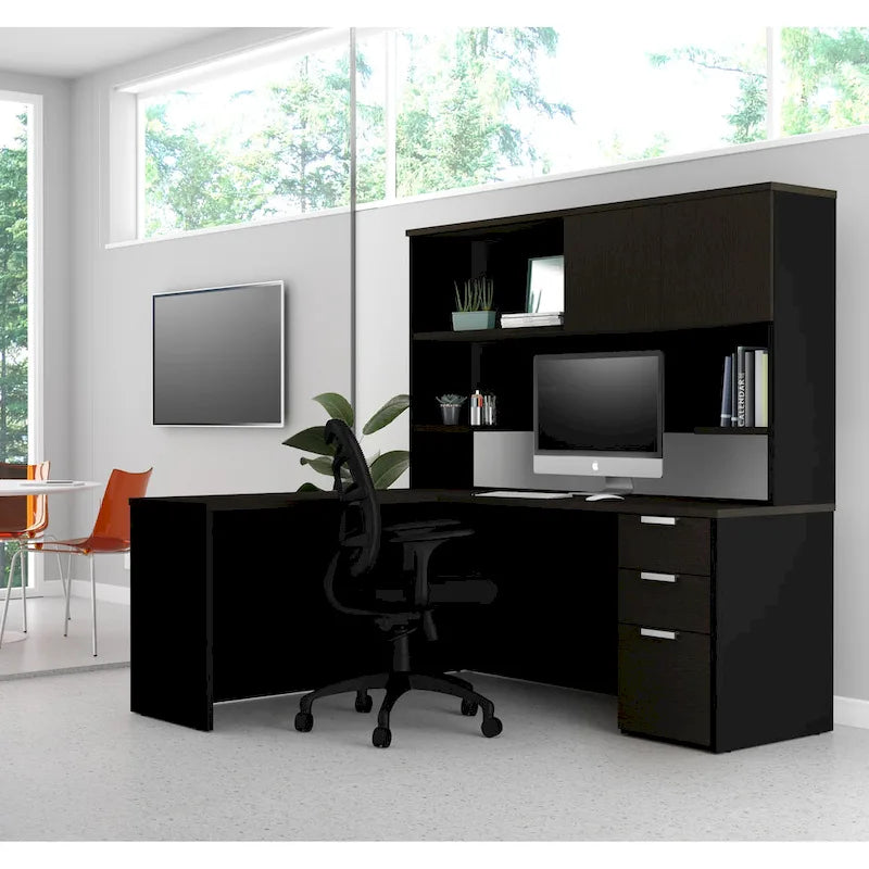 L-Shaped Office Desk with Hutch & Filing Pedestal — Modern Home Office Workstation