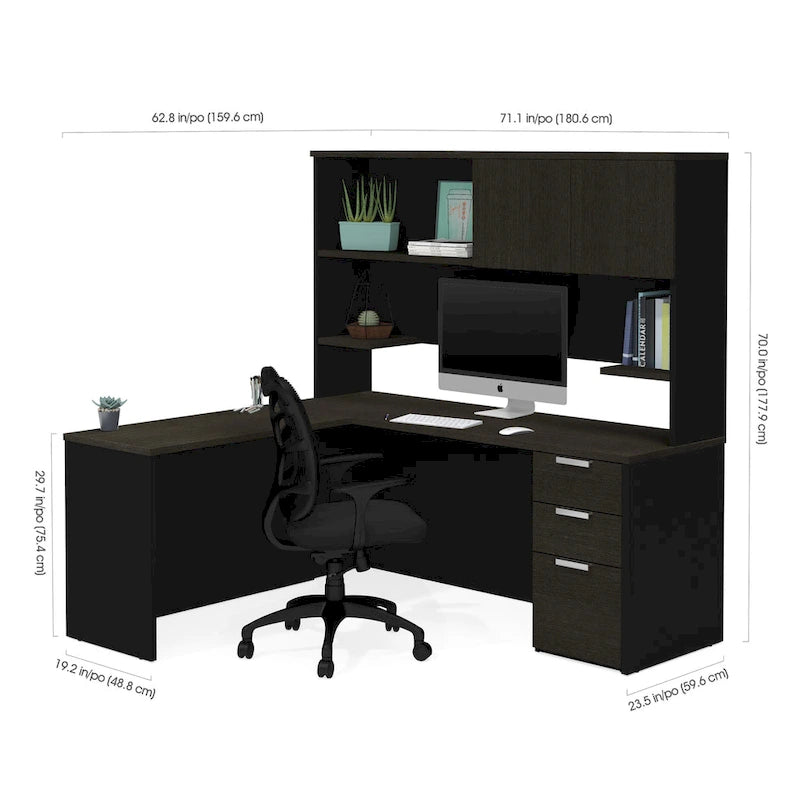 L-Shaped Office Desk with Hutch & Filing Pedestal — Modern Home Office Workstation