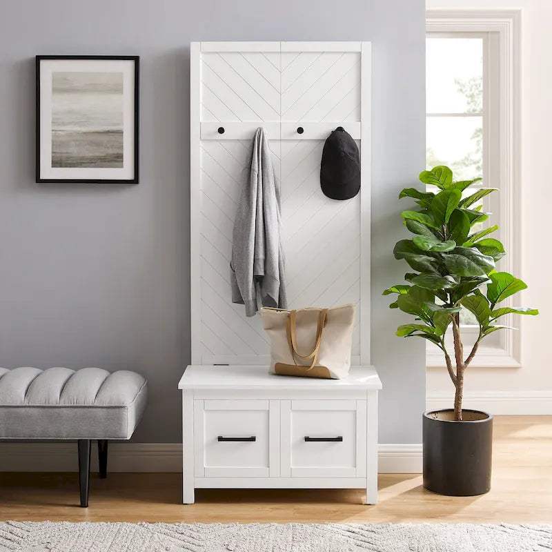 Entryway Hall Tree with Lift-Top Storage Bench & Herringbone Back Panel — White