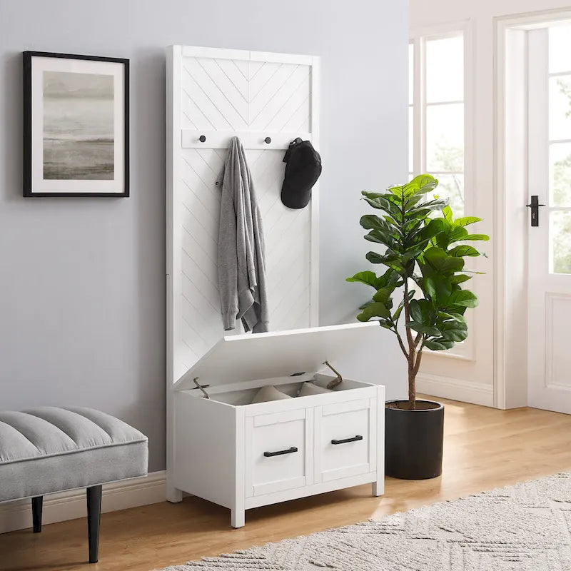 Entryway Hall Tree with Lift-Top Storage Bench & Herringbone Back Panel — White