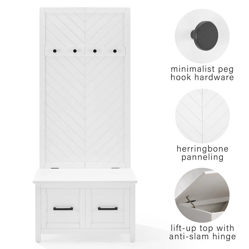 Entryway Hall Tree with Lift-Top Storage Bench & Herringbone Back Panel — White