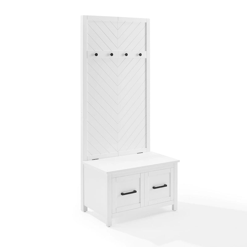 Entryway Hall Tree with Lift-Top Storage Bench & Herringbone Back Panel — White