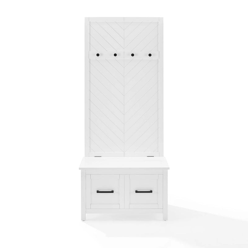 Entryway Hall Tree with Lift-Top Storage Bench & Herringbone Back Panel — White