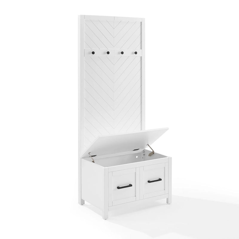Entryway Hall Tree with Lift-Top Storage Bench & Herringbone Back Panel — White