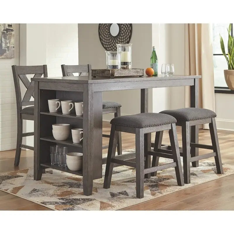 Rectangular Counter Height Dining Table with Side Storage Shelves — Antiqued Grey Wash