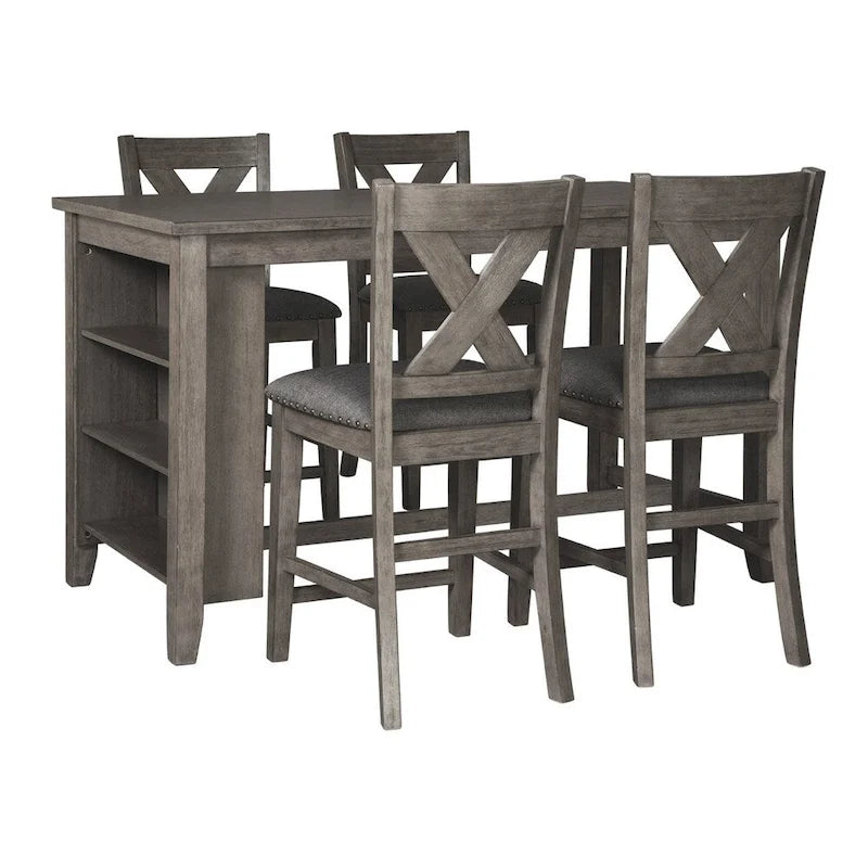 Rectangular Counter Height Dining Table with Side Storage Shelves — Antiqued Grey Wash