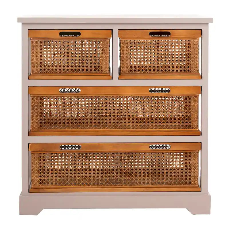 4-Drawer Cane Basket Storage Cabinet – Pine Frame with Cream Finish & Amber Rattan Drawers