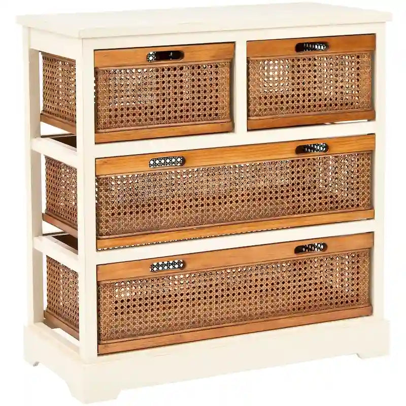 4-Drawer Cane Basket Storage Cabinet – Pine Frame with Cream Finish & Amber Rattan Drawers