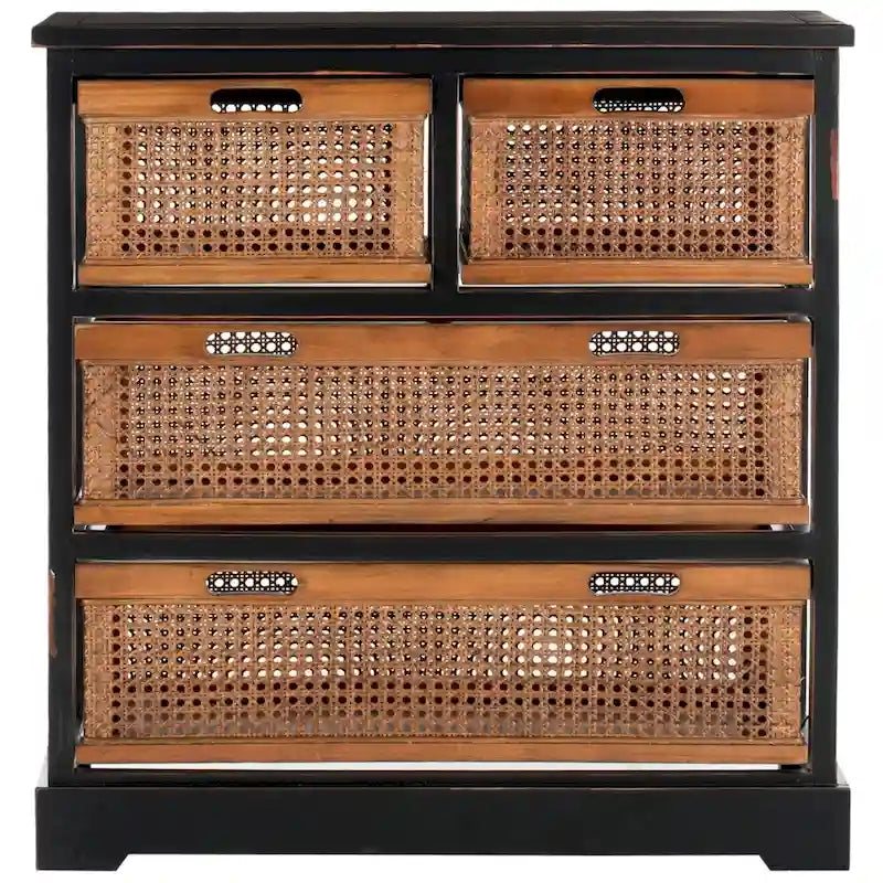 4-Drawer Cane Basket Storage Cabinet – Pine Frame with Cream Finish & Amber Rattan Drawers