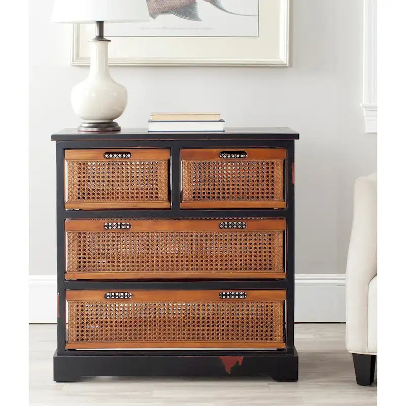4-Drawer Cane Basket Storage Cabinet – Pine Frame with Cream Finish & Amber Rattan Drawers