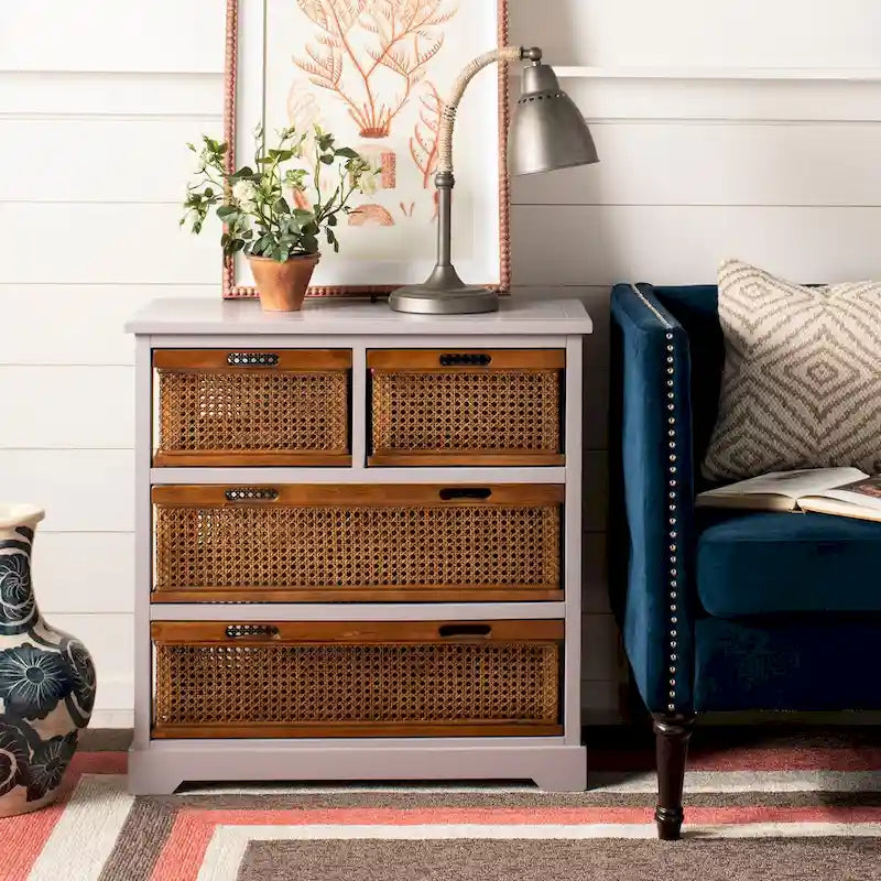 4-Drawer Cane Basket Storage Cabinet – Pine Frame with Cream Finish & Amber Rattan Drawers