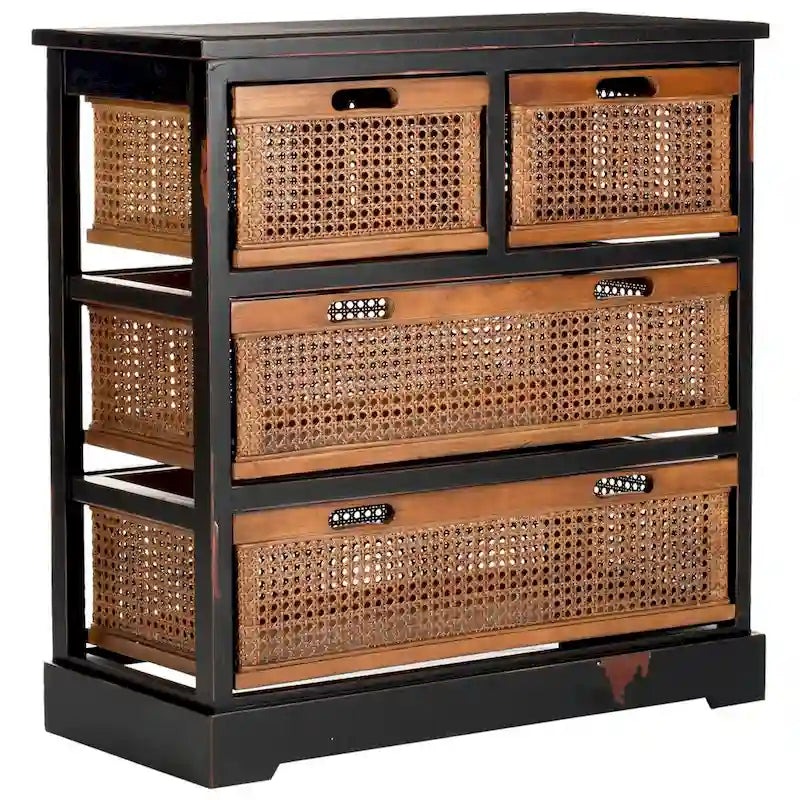 4-Drawer Cane Basket Storage Cabinet – Pine Frame with Cream Finish & Amber Rattan Drawers