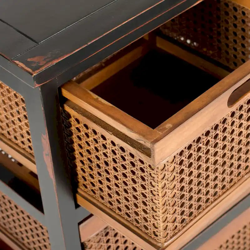 4-Drawer Cane Basket Storage Cabinet – Pine Frame with Cream Finish & Amber Rattan Drawers