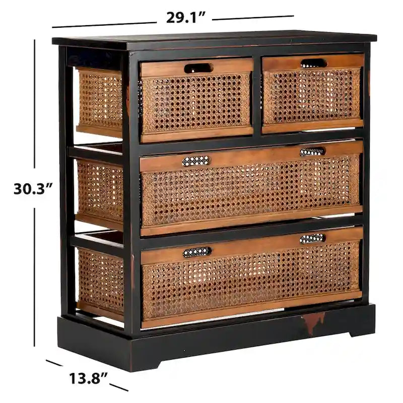 4-Drawer Cane Basket Storage Cabinet – Pine Frame with Cream Finish & Amber Rattan Drawers