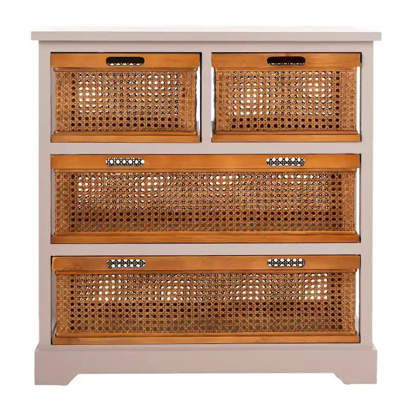4-Drawer Cane Basket Storage Cabinet – Pine Frame with Cream Finish & Amber Rattan Drawers