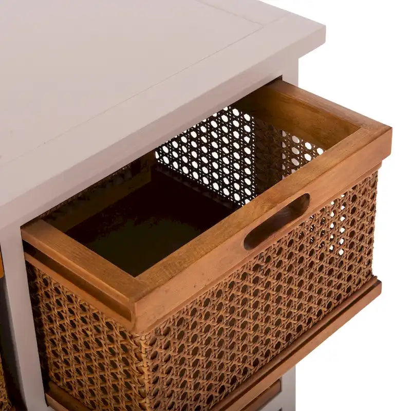 4-Drawer Cane Basket Storage Cabinet – Pine Frame with Cream Finish & Amber Rattan Drawers