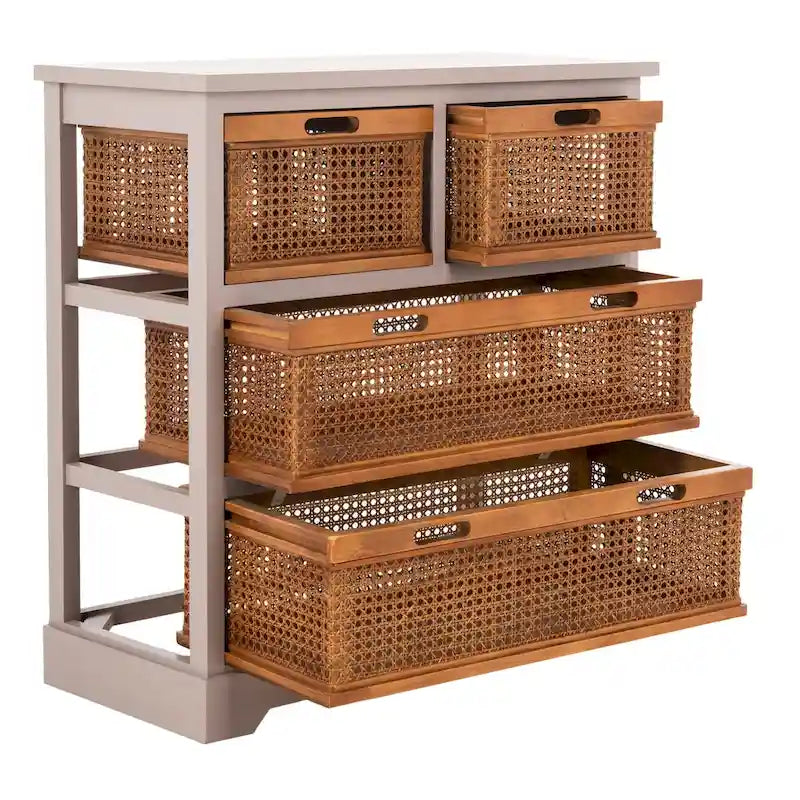 4-Drawer Cane Basket Storage Cabinet – Pine Frame with Cream Finish & Amber Rattan Drawers