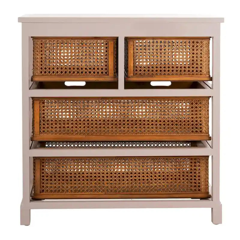 4-Drawer Cane Basket Storage Cabinet – Pine Frame with Cream Finish & Amber Rattan Drawers