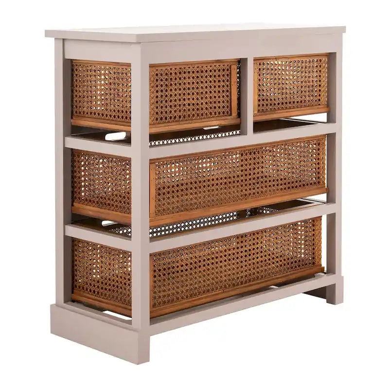 4-Drawer Cane Basket Storage Cabinet – Pine Frame with Cream Finish & Amber Rattan Drawers