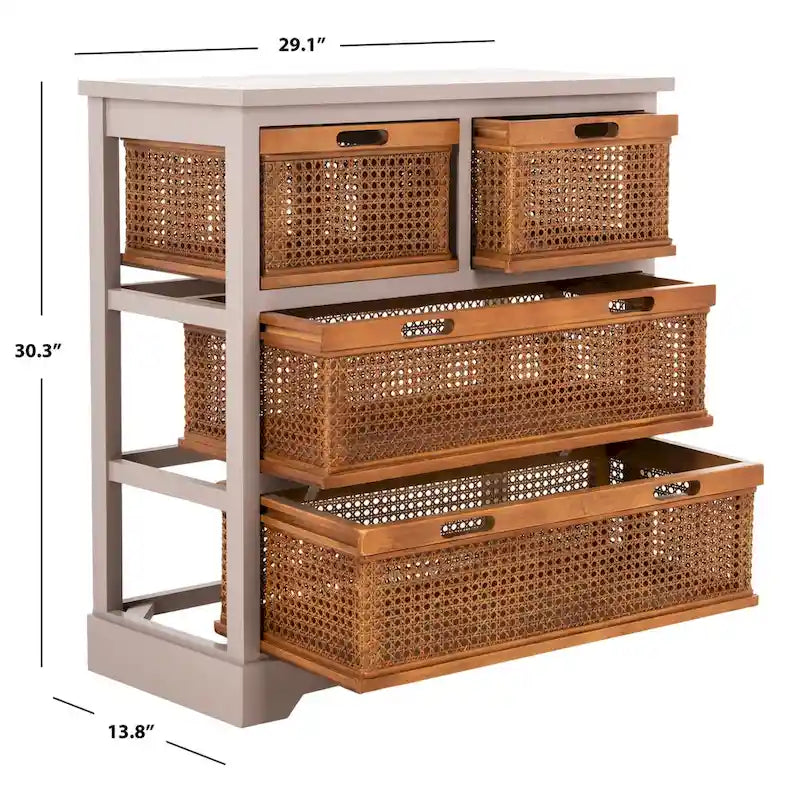 4-Drawer Cane Basket Storage Cabinet – Pine Frame with Cream Finish & Amber Rattan Drawers