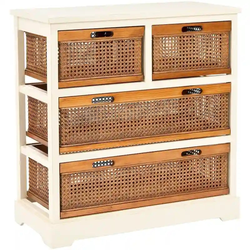 4-Drawer Cane Basket Storage Cabinet – Pine Frame with Cream Finish & Amber Rattan Drawers
