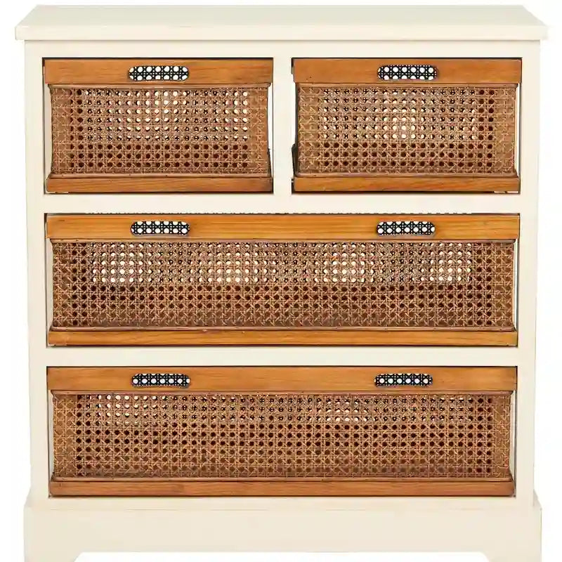 4-Drawer Cane Basket Storage Cabinet – Pine Frame with Cream Finish & Amber Rattan Drawers