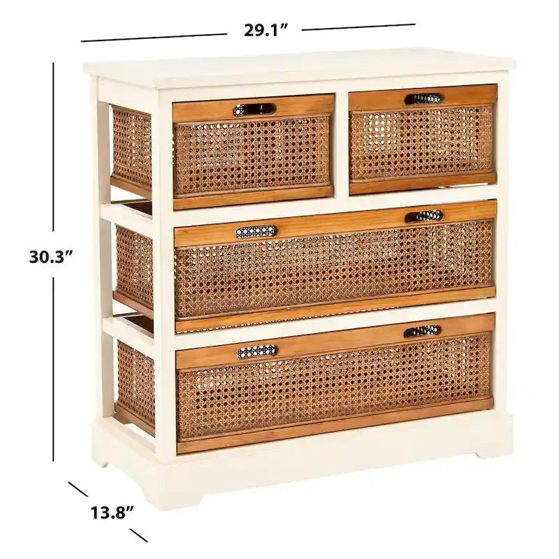 4-Drawer Cane Basket Storage Cabinet – Pine Frame with Cream Finish & Amber Rattan Drawers