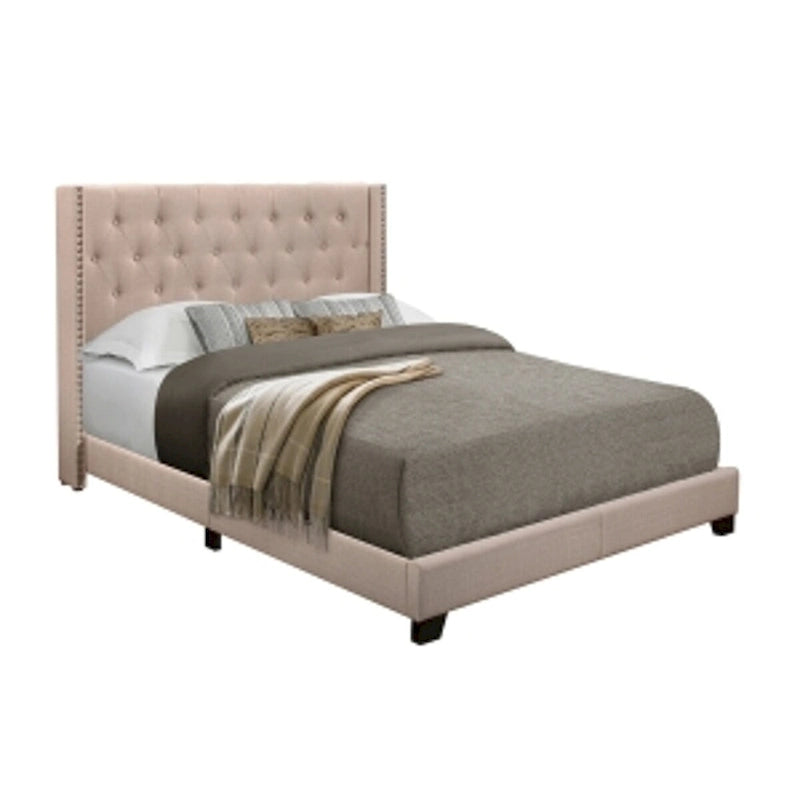 Beige Fabric Upholstered Tufted Bed Frame with High Headboard — Full, Queen & King