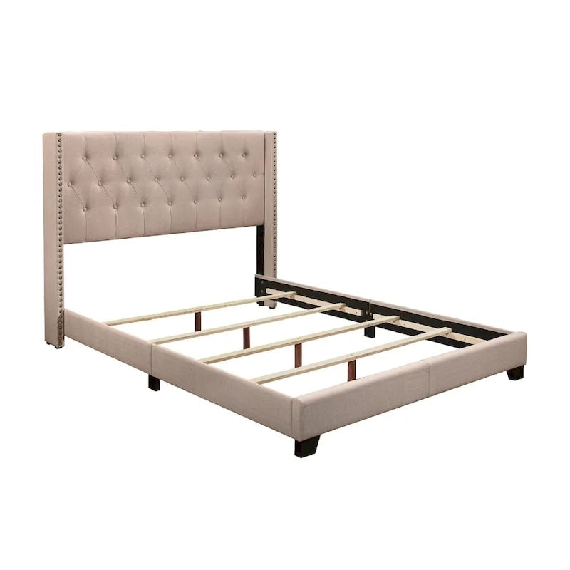 Beige Fabric Upholstered Tufted Bed Frame with High Headboard — Full, Queen & King