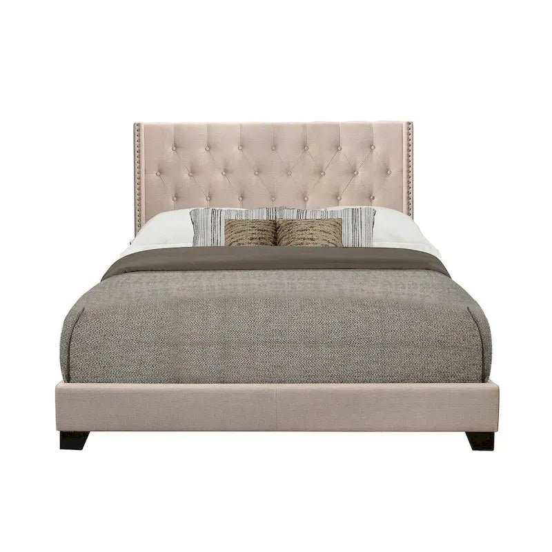 Beige Fabric Upholstered Tufted Bed Frame with High Headboard — Full, Queen & King