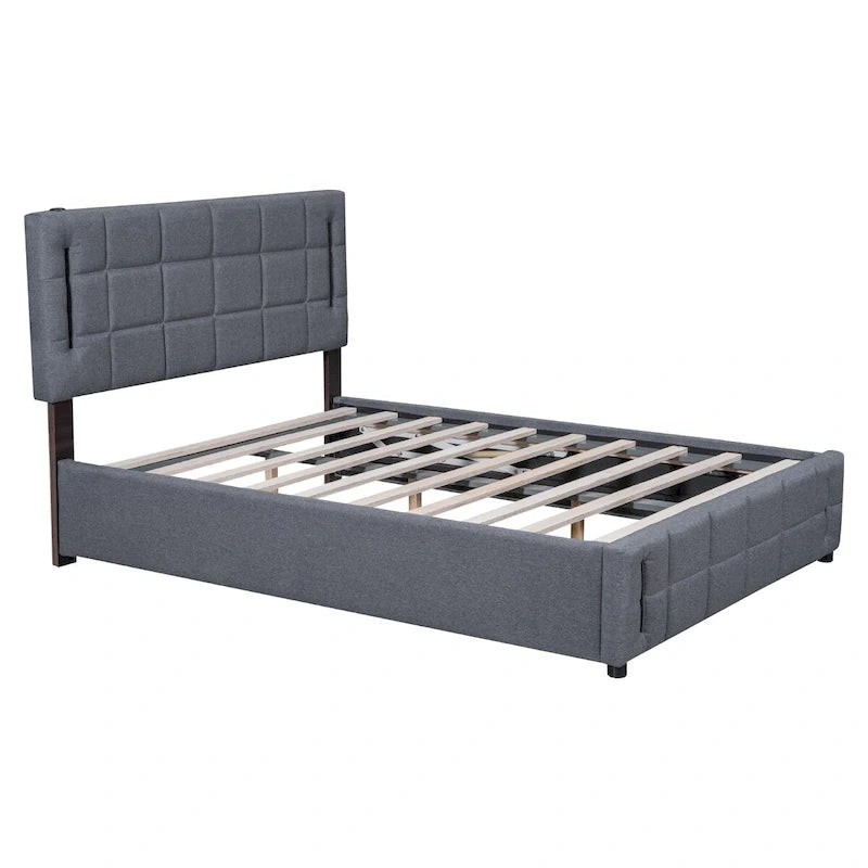 Queen Size Upholstered Storage Platform Bed with LED Lighting & USB Ports