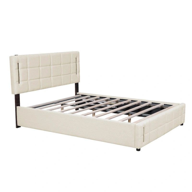 Queen Size Upholstered Storage Platform Bed with LED Lighting & USB Ports