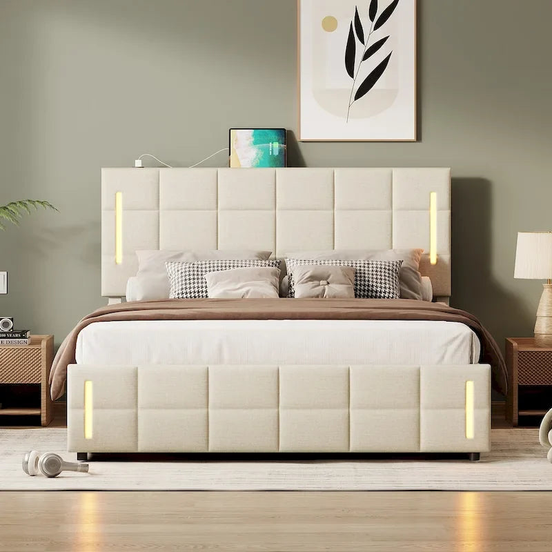 Queen Size Upholstered Storage Platform Bed with LED Lighting & USB Ports