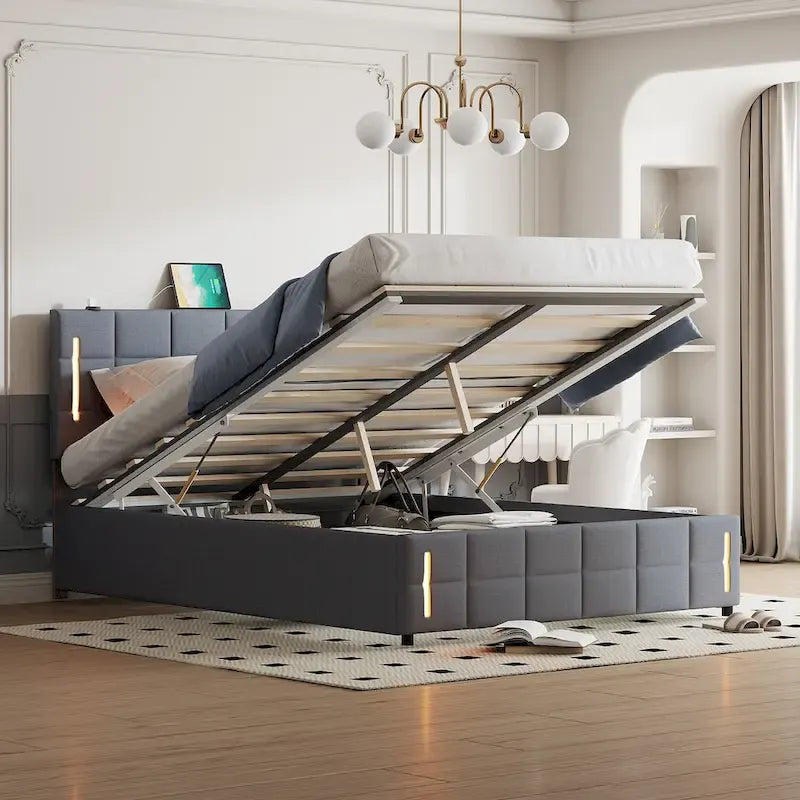 Queen Size Upholstered Storage Platform Bed with LED Lighting & USB Ports