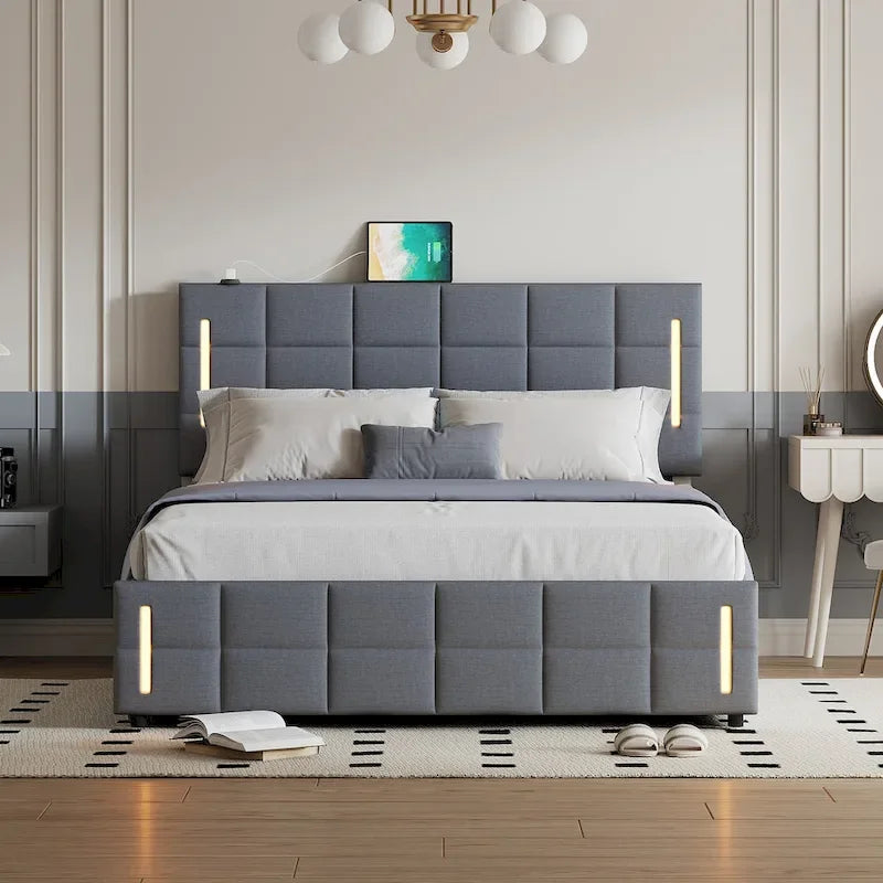 Queen Size Upholstered Storage Platform Bed with LED Lighting & USB Ports