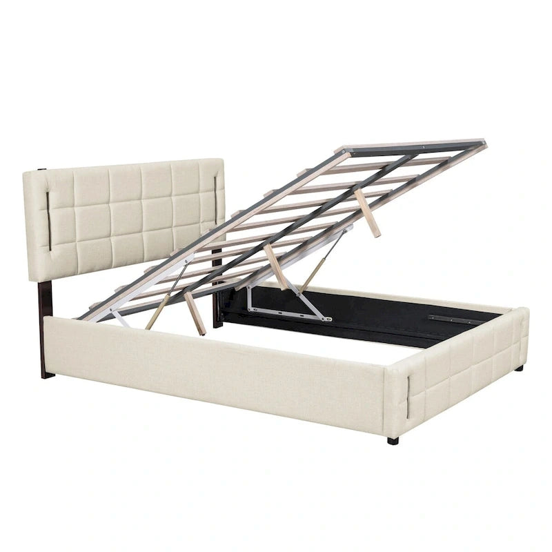 Queen Size Upholstered Storage Platform Bed with LED Lighting & USB Ports