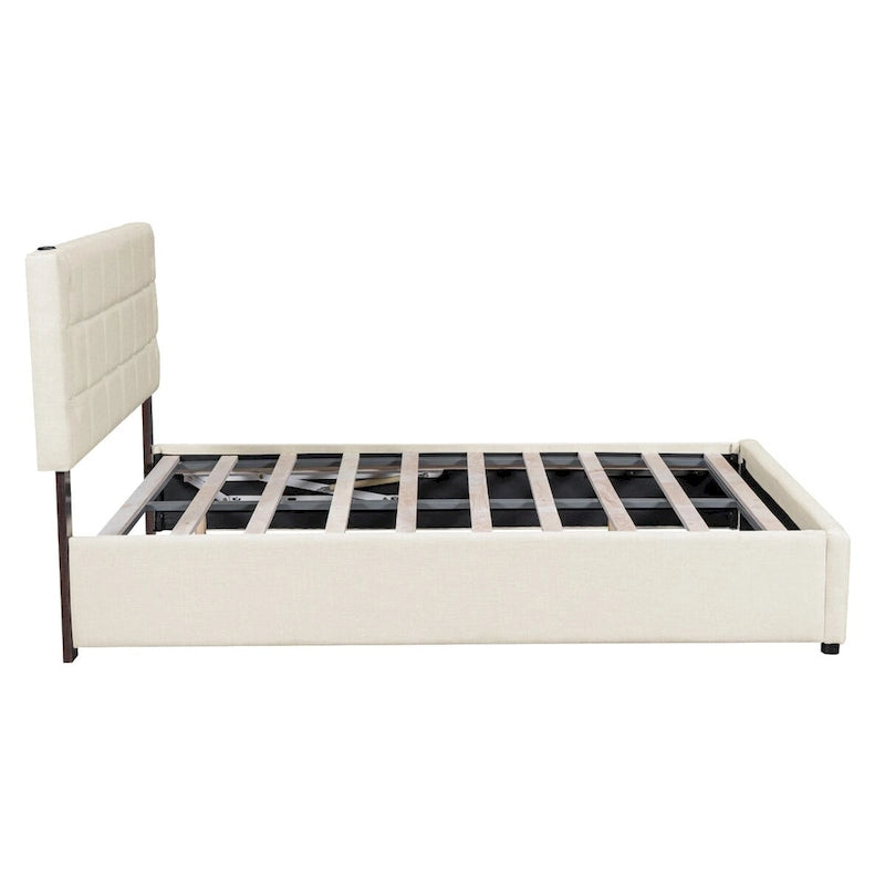 Queen Size Upholstered Storage Platform Bed with LED Lighting & USB Ports