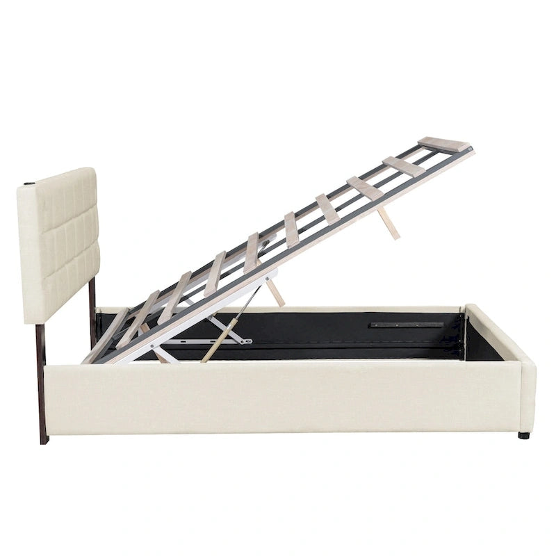 Queen Size Upholstered Storage Platform Bed with LED Lighting & USB Ports
