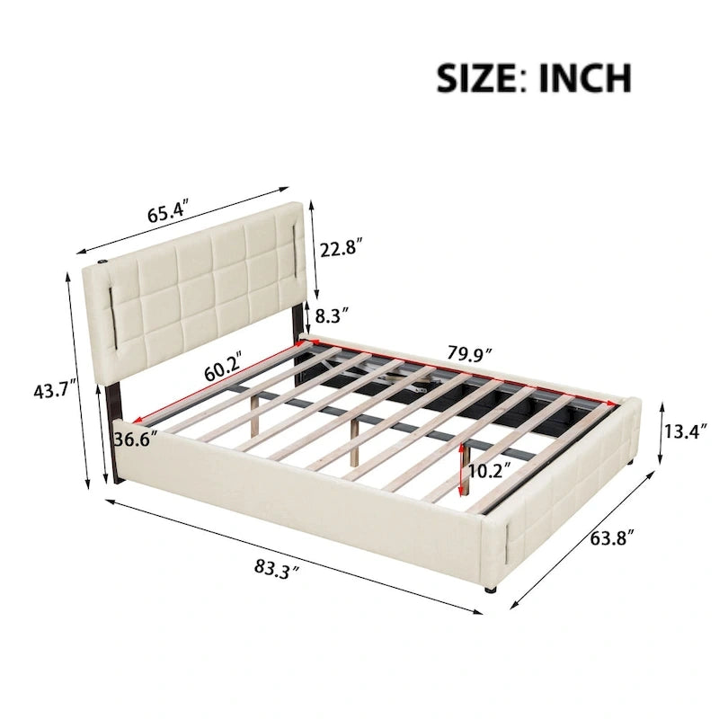 Queen Size Upholstered Storage Platform Bed with LED Lighting & USB Ports