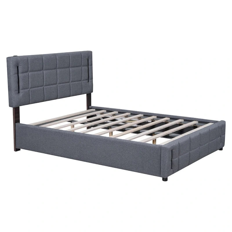 Queen Size Upholstered Storage Platform Bed with LED Lighting & USB Ports