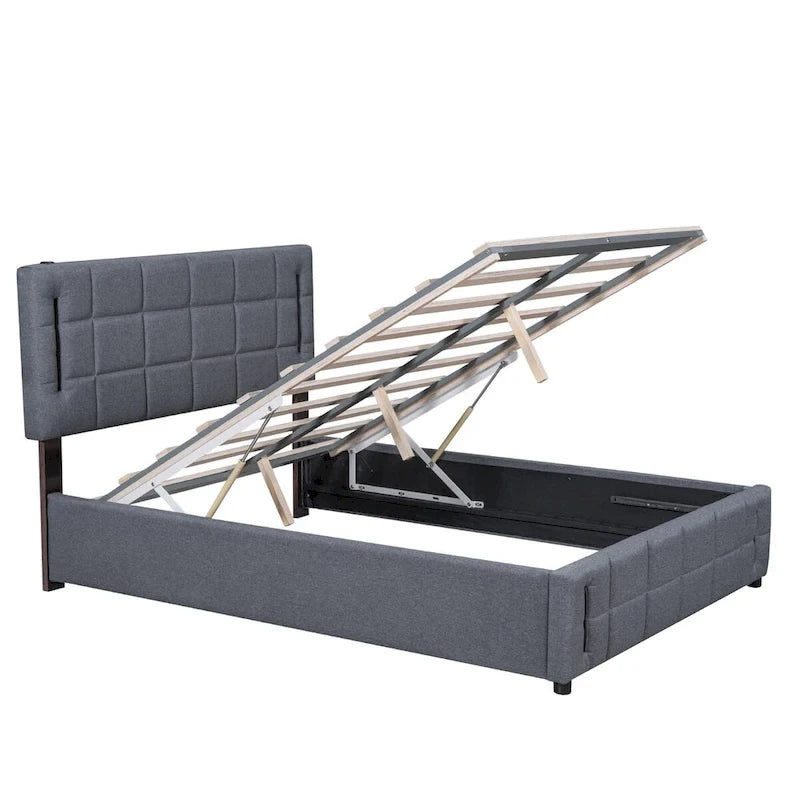 Queen Size Upholstered Storage Platform Bed with LED Lighting & USB Ports