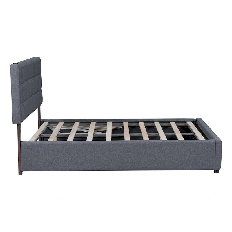 Queen Size Upholstered Storage Platform Bed with LED Lighting & USB Ports