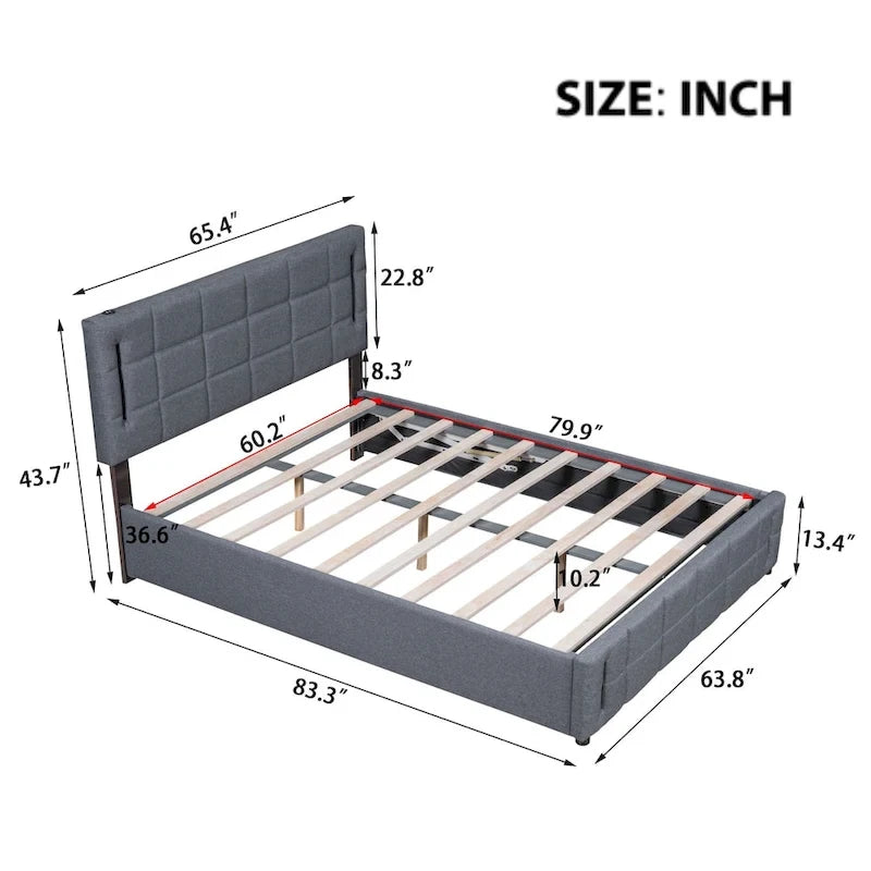 Queen Size Upholstered Storage Platform Bed with LED Lighting & USB Ports