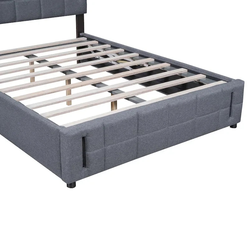 Queen Size Upholstered Storage Platform Bed with LED Lighting & USB Ports