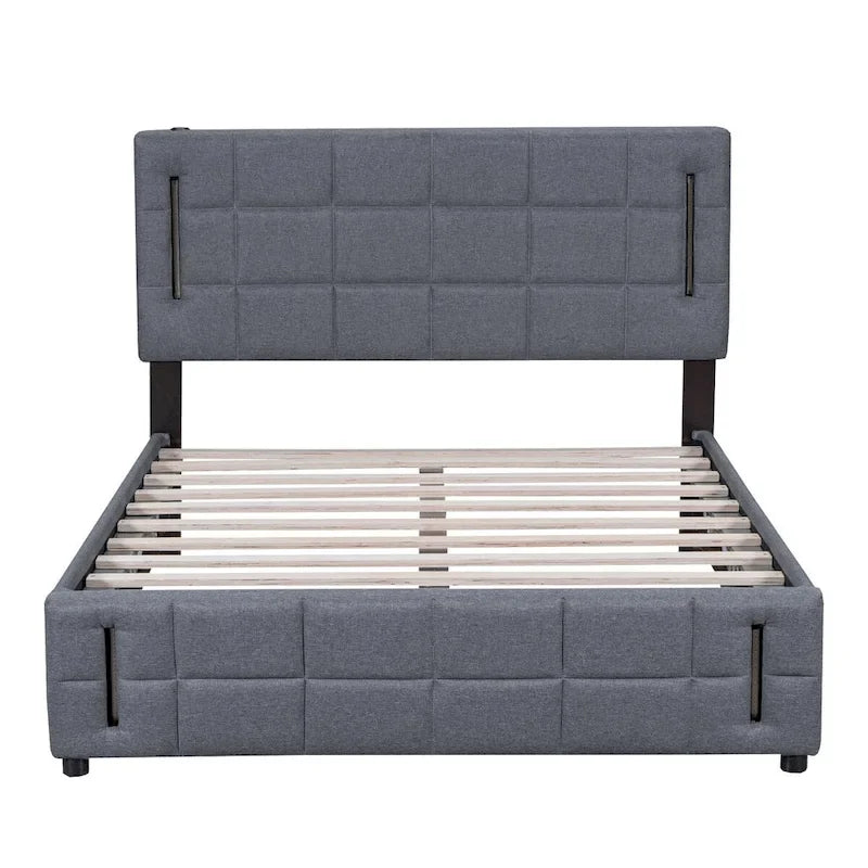 Queen Size Upholstered Storage Platform Bed with LED Lighting & USB Ports